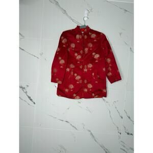 Vtg PEONY Red Silk traditional chinese Floral Jacket Blazer Coat Cardigan Sz S
